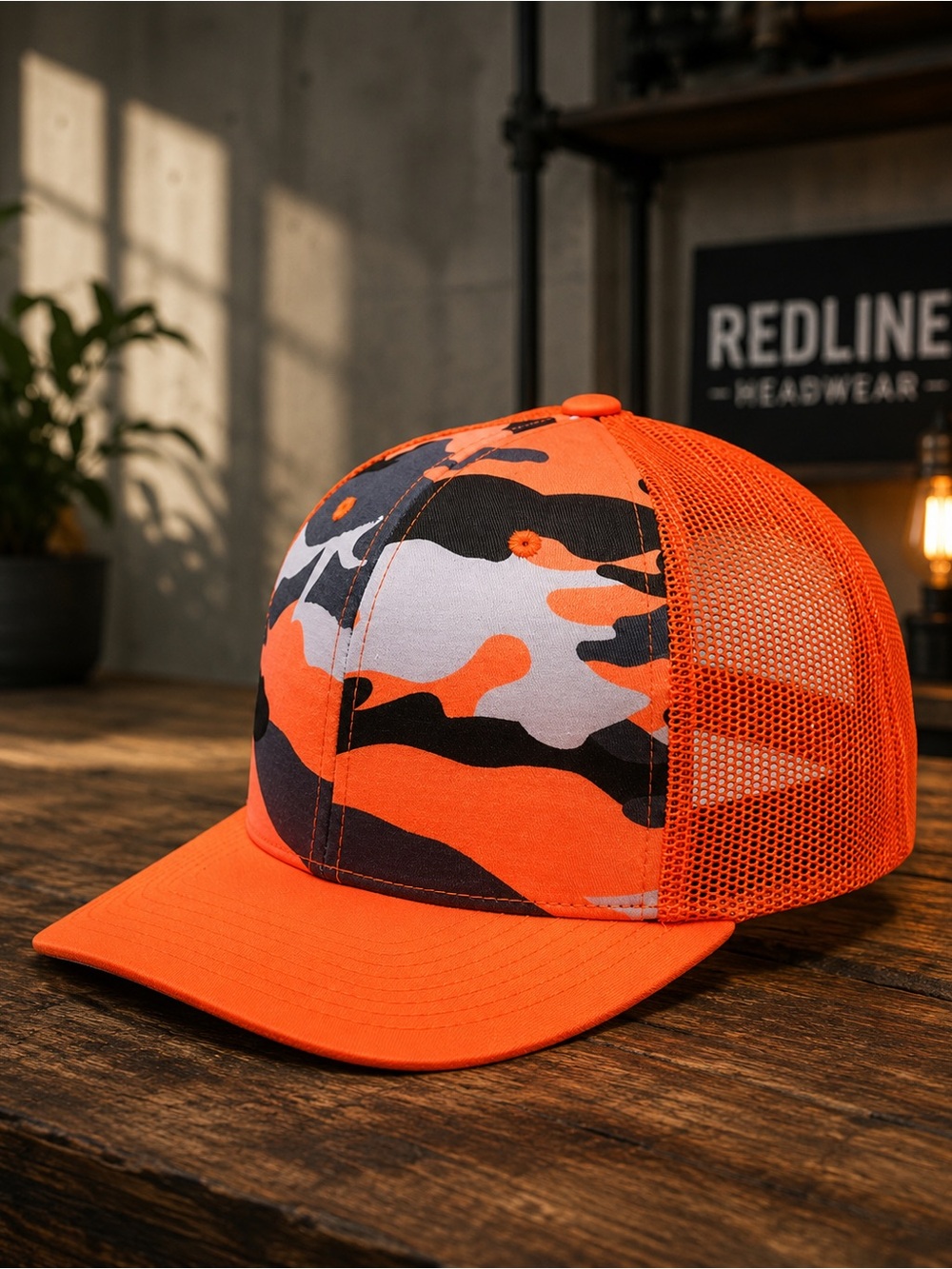 Orange Camo Trucker Hat Orange Camo Mid Profile Mesh Snapback Cap